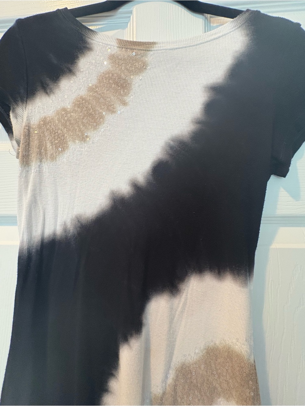 INC - Women's Black, White & Tan Tie-Dye Short Sleeve Sparkle Top